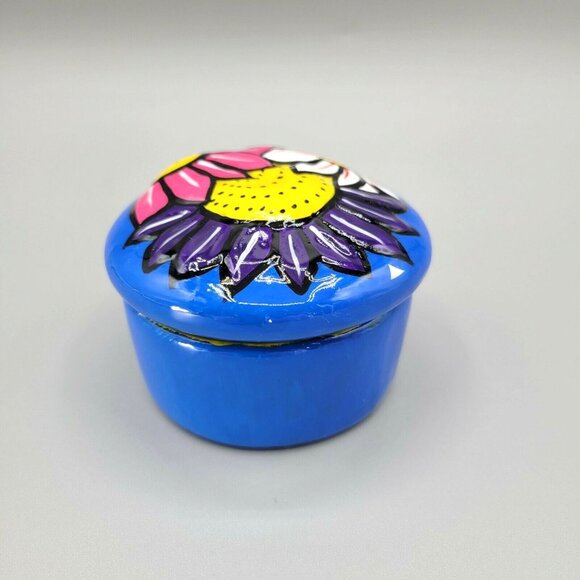 Hand Painted Ceramic Trinket Box with Lift Off Lid Bright Colorful Pottery Clay - Picture 3 of 7